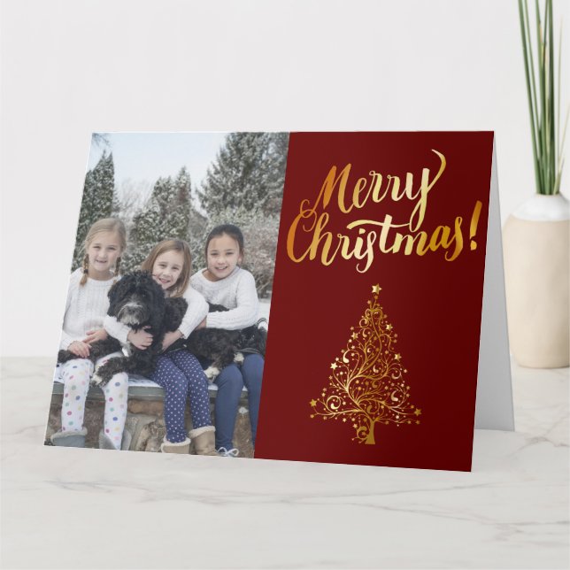 Merry Christmas Photo Gold Tree Card (Front)