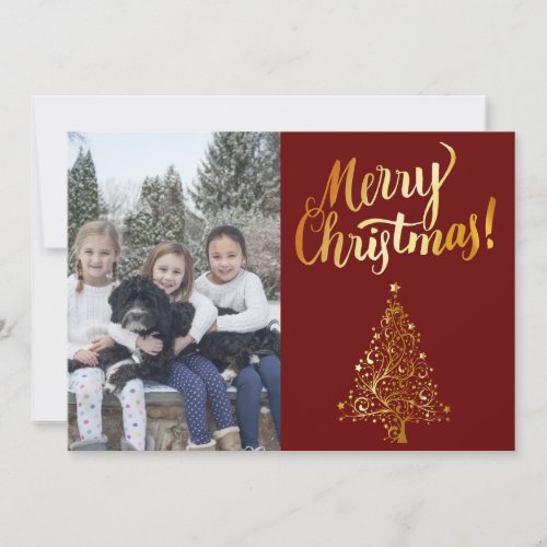 Merry Christmas Photo Gold Tree Flat Greeting Card