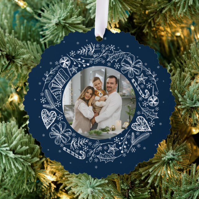 Merry Christmas Photo Gold wreath Ornament Card (Insitu (Tree))