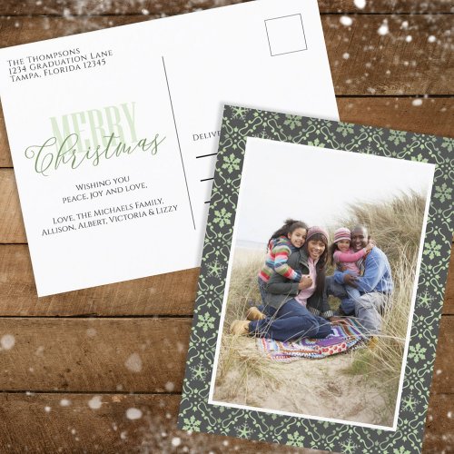 Merry Christmas Photo Green Pattern Elegant Holiday Postcard