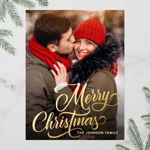 Merry Christmas PHOTO Greeting Gold Foil Holiday