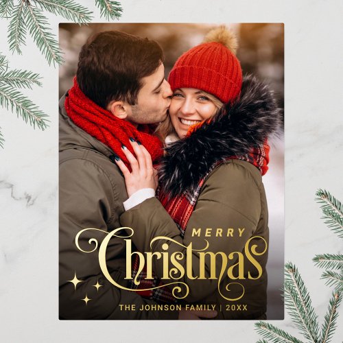Merry Christmas PHOTO Greeting Gold Foil Holiday Postcard