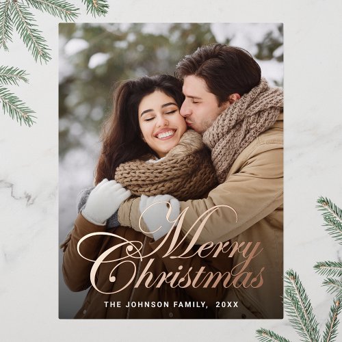 Merry Christmas PHOTO Greeting Rose Gold Foil Holiday Postcard