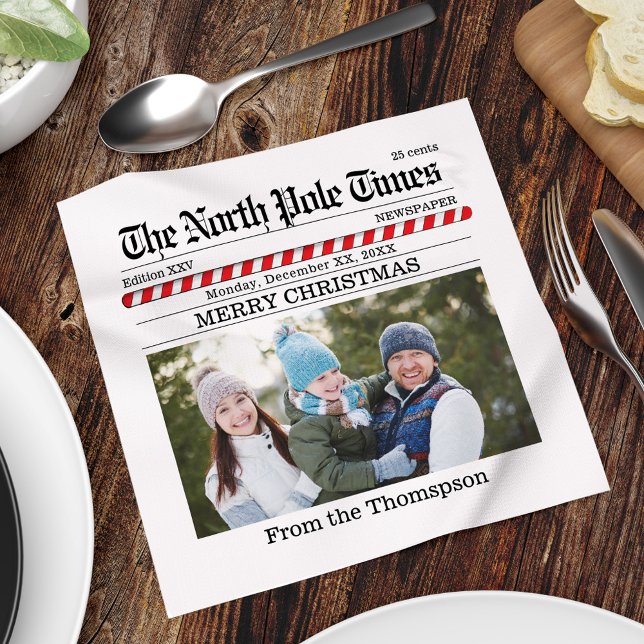Merry Christmas Photo Holiday Party Whimsical News Napkins (Merry Christmas cute whimsical newspaper cocktail napkins. )