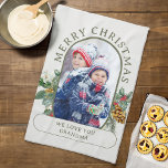 Merry Christmas Photo Holly and Pine Personalized Kitchen Towel<br><div class="desc">Charming christmas photo kitchen towl for your holiday home decor or seasonal photo gift. Personalize for Grandma or customize the wording for anyone you want. Your photos are displayed in 16:9 portrait format and the photo template will automatically display them in a pill-shaped, rounded lozenge shape. Please browse my Rounded...</div>