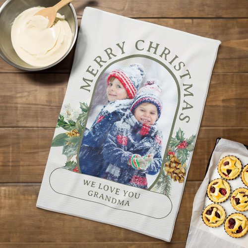 Merry Christmas Photo Holly and Pine Personalized Kitchen Towel