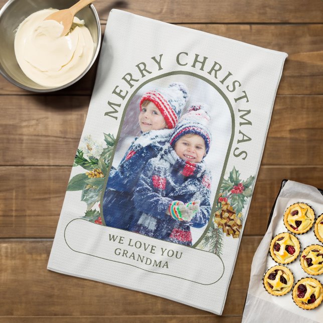 Merry Christmas Photo Holly and Pine Personalized Kitchen Towel (Christmas Photo kitchen towel from the Rounded Lozenge Photo Collage collection)