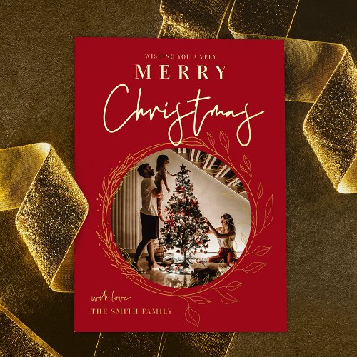 Merry Christmas Photo Holly Wreath Foil Card