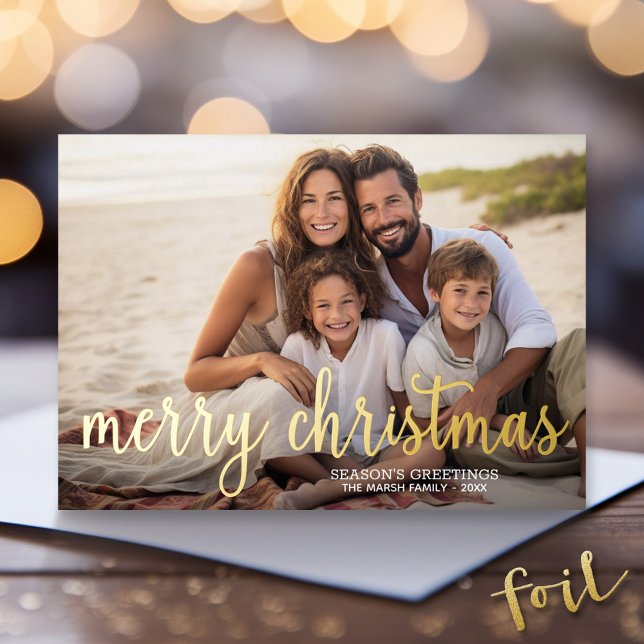Merry Christmas Photo Horizontal - with Gold Foil Holiday Card (Gold Foil Christmas Photo Card)