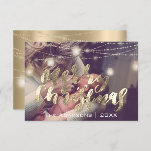 Merry Christmas Photo Lights Strings Gold Custom Invitation