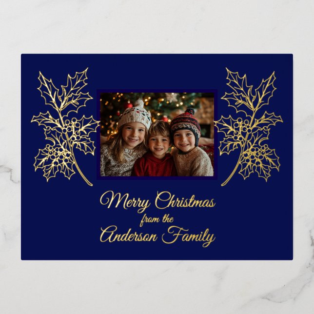 Merry Christmas Photo Midnight Blue  Foil Holiday Postcard (Front)