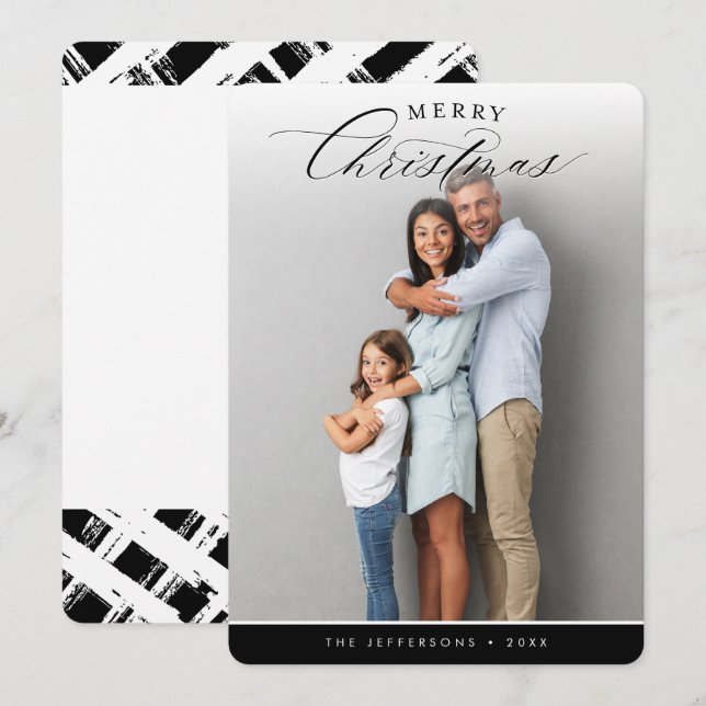 MERRY CHRISTMAS PHOTO modern calligraphy black Holiday Card (Front/Back)