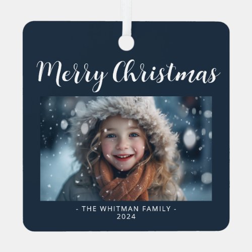 Merry Christmas Photo Modern Holiday Dark Blue Metal Ornament