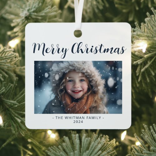 Merry Christmas Photo Modern Holiday White Metal Ornament