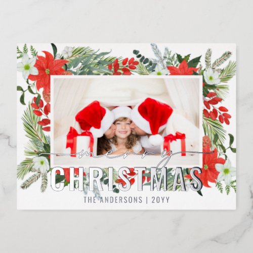 Merry Christmas Photo Modern Watercolor Red Floral Foil Holiday Postcard