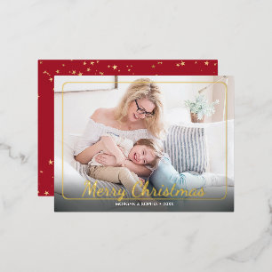 Merry Christmas, Photo, Name & Message Gold Foil Holiday Postcard