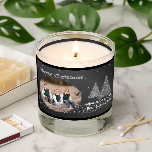 Merry Christmas Photo & Name Trees Snow Black Scented Candle (Lit)