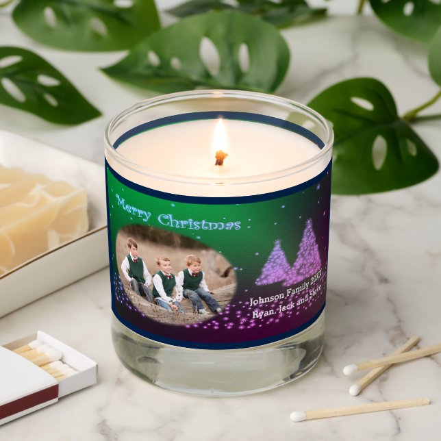 Merry Christmas Photo Name Trees Snow Green Purple Scented Candle (Lit)