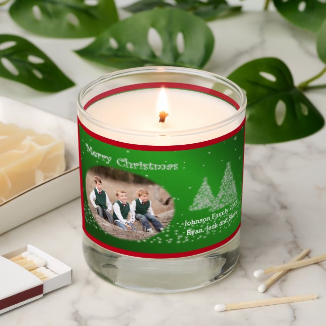 Merry Christmas Photo & Name Trees Snow Green Scented Candle (Lit)