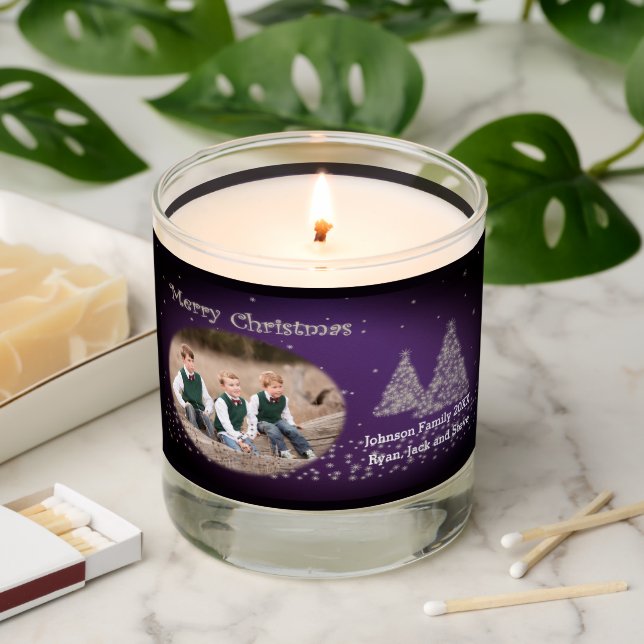 Merry Christmas Photo & Name Trees Snow Purple Scented Candle (Lit)