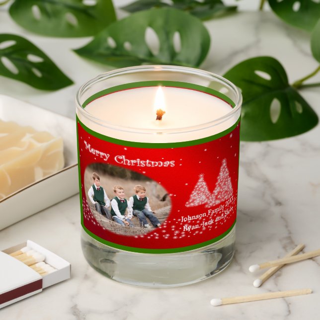 Merry Christmas Photo & Name Trees Snow Red Scented Candle (Lit)