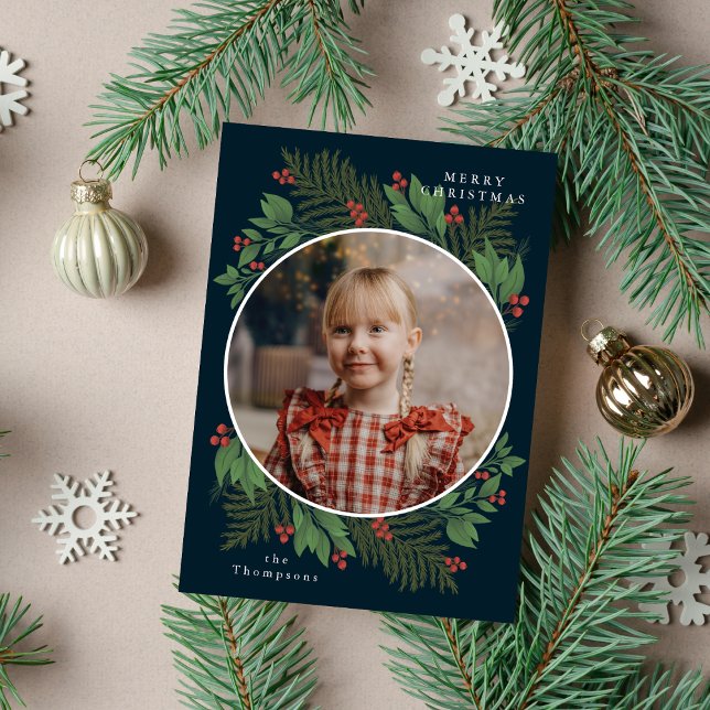 Merry Christmas Photo Navy Greenery Pine & Spruce  Holiday Card (Creator Uploaded)