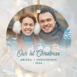 Merry Christmas Photo Newlywed Turquoise Script Ceramic Ornament
