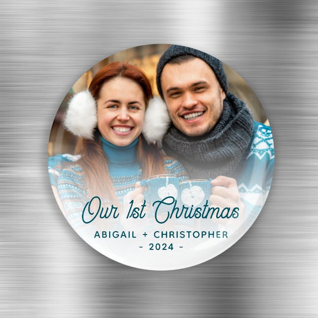 Merry Christmas Photo Newlywed Turquoise Script Magnet (Creator Uploaded)