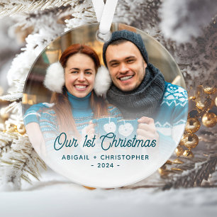 Merry Christmas Photo Newlywed Turquoise Script Ornament