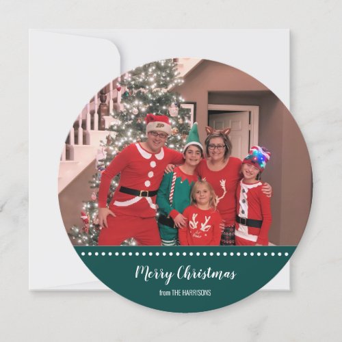 Merry Christmas Photo Personalized Green Round Holiday Card