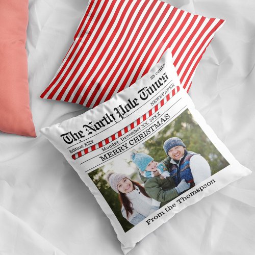 Merry Christmas Photo Personalized Newspaper Throw Pillow