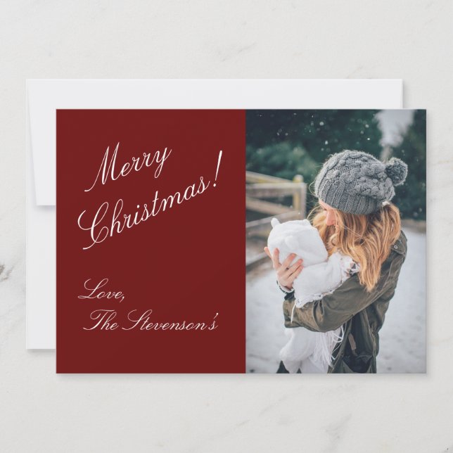 Merry Christmas Photo Personalized Red Name Holiday Card (Front)