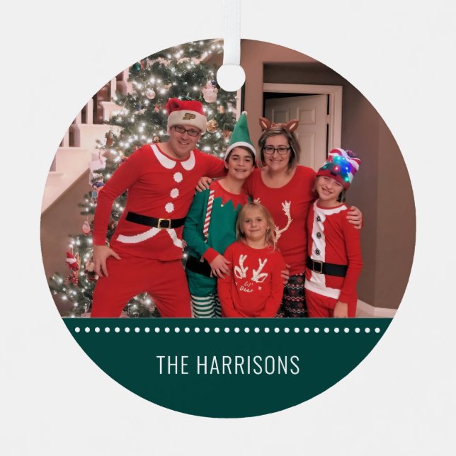 Merry Christmas Photo Personalized Round Green Metal Ornament (Front)