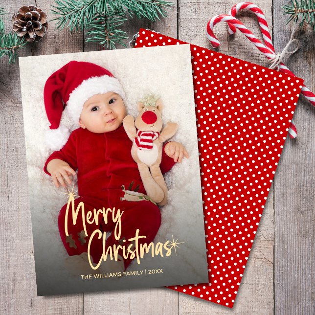 Merry Christmas Photo Personalized Script Holiday Card (Merry Christmas photo overlay personalized script holiday card with gold script calligraphy.)