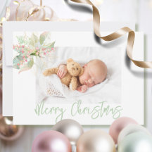 Merry Christmas Photo Pink Gold Pastel Poinsettia