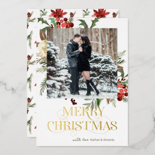 Merry Christmas Photo Poinsettia Foil Holiday Card