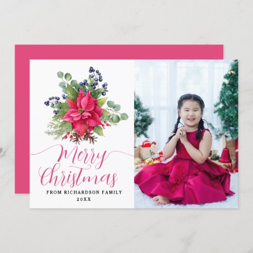 Merry Christmas Photo Poinsettia Holiday Flat Card