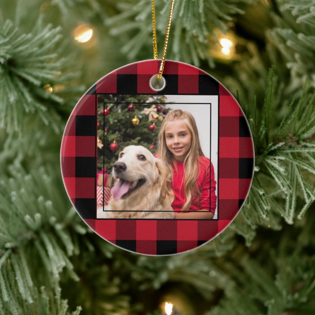 Merry Christmas Photo Red and Black Buffalo Plaid Ceramic Ornament (Tree)