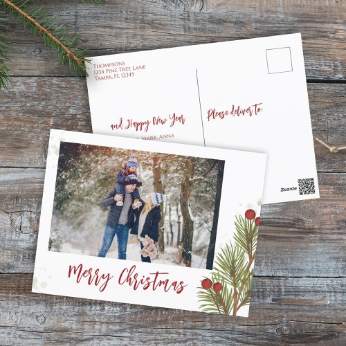 Merry Christmas Photo Red and Green Foliage Holiday Postcard