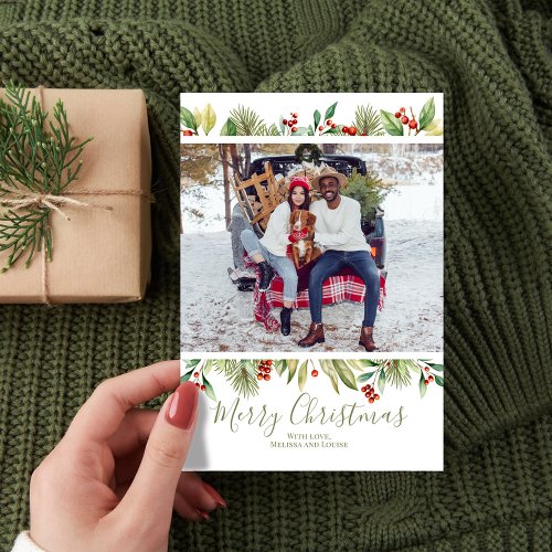 Merry Christmas Photo Red and Green Holly Greenery Holiday Card