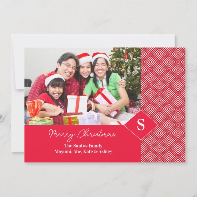 Merry Christmas Photo Red Damask Card (Front)