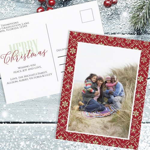 Merry Christmas Photo Red Green Pattern Elegant Holiday Postcard