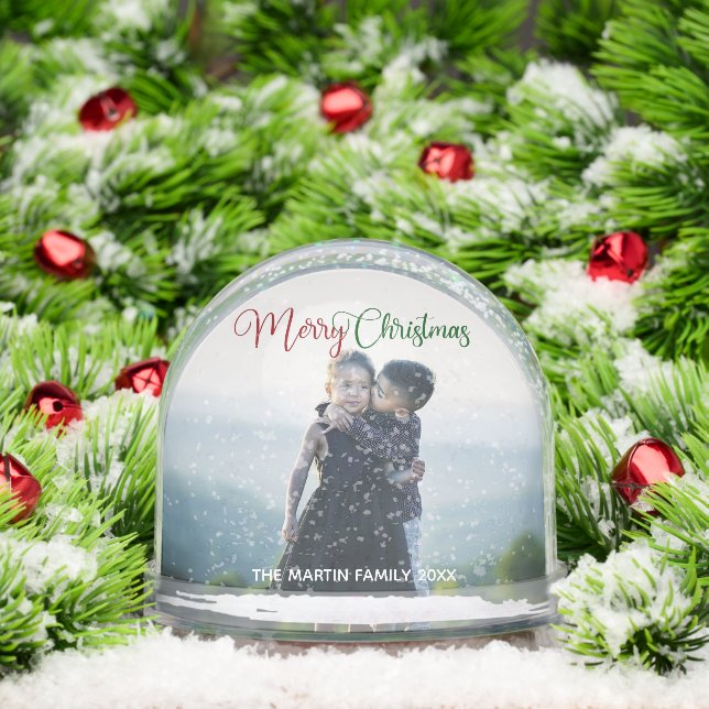 Merry Christmas Photo Red Green Script Overlay Snow Globe (Christmas)