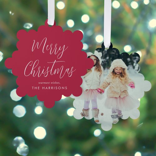 Merry Christmas Photo Red Holiday Ornament Card