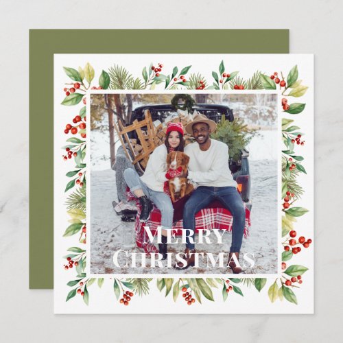 Merry Christmas Photo Red Holly Botanical Greenery Holiday Card
