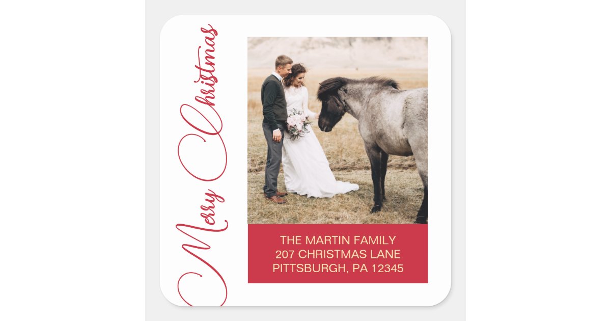 Red Return Sticker Merry Christmas Photo Red Return Address Square Sticker | Zazzle