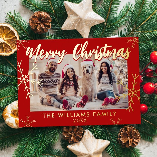 Merry Christmas Photo Red Snowflakes Foil Holiday Card (Creator Uploaded)