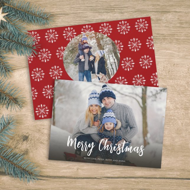 Merry Christmas Photo Red Snowflakes Holiday Card (Creator Uploaded)