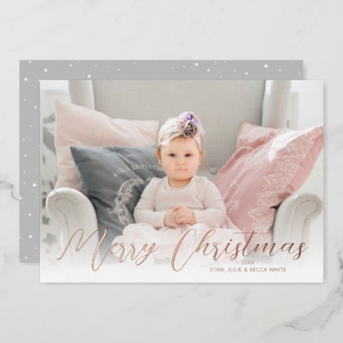 Merry Christmas Photo Rose Gold Foil Holiday Card
