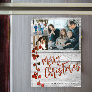 Merry Christmas photo rustic wood magnetic card